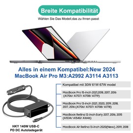 HKY PD140W 100W 96W 87W 70W KFZ USB C PD 3.1 Netzteil für MacBook 13/14/ 15/16 Zoll(2016~2024) MacBook Pro 16, 2024 MacBook Air Pro M3 A2992 A3114 A3113 Galaxy S22/S21, Dell XPS 13, Note 20/10+