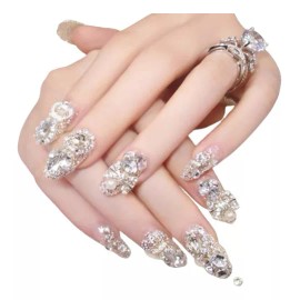 Press on nails 10 Uñas Postizas Decoradas Mucho Cristal Y Brillo Almendra