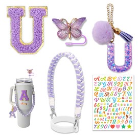 Stanley - Juego de accesorios de copa para botellas de agua de 30 onzas y 40 onzas, correa de asa, dije de letra, calcomanía y cubierta de pajita de mariposa (morado)