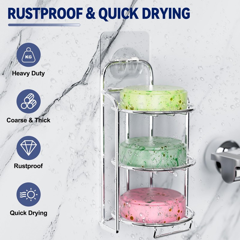 Silver 3-Tier Shower Soap Shampoo Bar Holder, Self Adhesive &