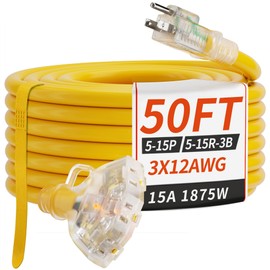 PlugSaf 50 FT 12/3 Gauge Outdoor Extension Cord with Multiple Outlets Light Indicator, Flexible 3 Outlet Weatherproof Heavy Duty Extension Cord Waterproof Yellow, 15A 1875W 12AWG SJTW, ETL Listed