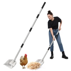 Chicken Poop Scooper: 2-in-1 Rake & Sifter - Silver Chicken Coop Scooper for Sand with Adjustable Stainless Steel Handle (35-59") for Small Spaces - Chicken Coop Accessories