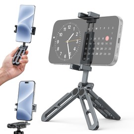 Phone Tripod Stand Foldable, PT-05 Pocket Cell Phone Tripod Mount Handle Smartphone Desk Stand Travel All in One Vlog Video Aluminium 2 Cold Shoe Small Size Lightweight Portable Stick