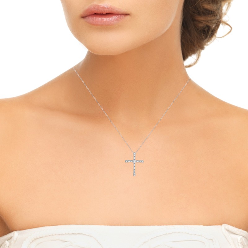 Sterling Silver Diamond Accent Cluster On Middle Cross Pendant Necklace