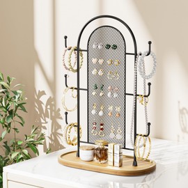 bussdis Jewelry Holder Organizer Earring Display - Stands Earring Storage Earring tree Hanger Jewelry Towers Rack with 6 Hooks 300 Stud Holes Wood Tray for Necklaces Bracelets Rings
