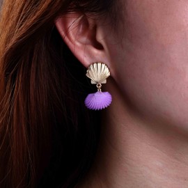 Cimenexe Bohemian Shell Drop Earrings Gold Metal Clam Shell Earrings Enamel Cowrie Dangle Earrings Minimalist Seashell Earrings Jewelry for Women(Purple)