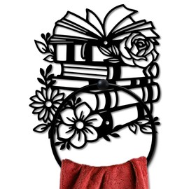 MAYJOYDIY Book Flowers Metal Towel Ring Reading Towel Holder Roses Flowers Leaves Plants Towel Holder Black Art Towel Stand Wall Mounted For Bathroom Kitchen Home Decoration Gift