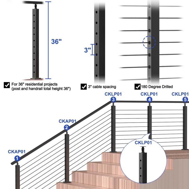 CKE Cable Railing Post Level drilled Cable Railing Post 36"x2"x2"