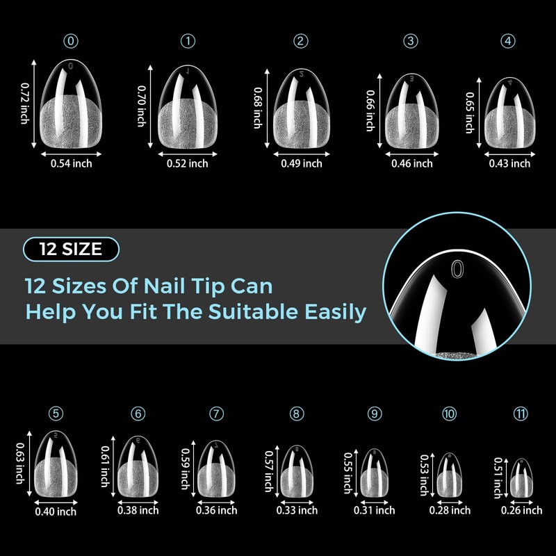 TOMICCA Extra Short Almond Nail Tips 504PCS, 12 Sizes Short
