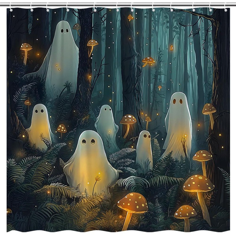 Spooky Ghost Mushroom Shower Curtain Grey Foggy Forest Cute Halloween