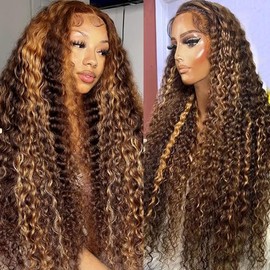 4/27 Highlight Ombre Deep Wave Lace Front Wigs Human Hair Pre Plucked 13x4 Glueless HD Transparent Lace Front Wigs with Baby Hair 200% Ombre Deep Wavy Lace Frontal Wigs Human Hair for Women 20 Inch
