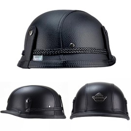 German Style Motorcycle Helmet, Retro Leather Motorcycle Half Helmet Skull Cap for Adult Men Women, Vintage Open Face Half Shell Helmet for Cruiser Scooter Chopper, DOT Approved (Black, X-Large)