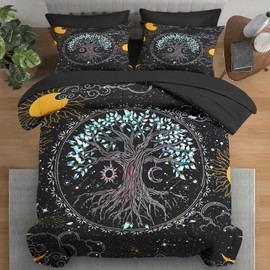 Pamnest Comforter Set Full Size, Trippy Hippie Tree of Life 7 Pcs Bedding for Kids and Adults, Sun and Moon Bohemian Bed Sheet Sets with Fitted Sheet 2 Pillowcase & 2 Sham for Bedroom Bed Decor