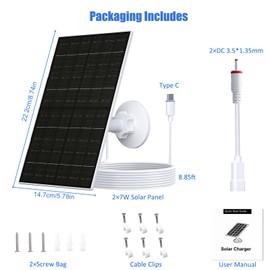 VUEBEE 7W Solar Panel for Ring Camera, Solar Charger with USB-C & 3.5mm Ports for Ring Stick Up & Spotlight Cam Series, IP66 Waterproof, 360° Adjustable Mount, 8.8ft Charging Cable, 2 Pack