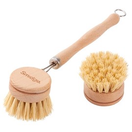 Smidge Natural Beechwood Dish Brush Set, Wooden Dish Brushes for Washing Up, Includes One Cleaning Wand with Head and One Spare Head
