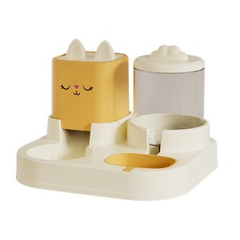 Cat-Themed Automatic Pet Feeder and Water Dispenser Set, Food Bowl with Storage Container, 12.59 x 11.22 inch Base, Yellow and White