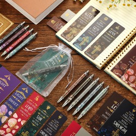 Yeaqee 200 Pcs Christian Gifts Set Include 50 Bible Verses Bookmarks Book Markers 50 Ballpoint Pens 50 Bible Notebooks 50 Organza Bags Colorful CNA Week Gifts Bulk for Church Women
