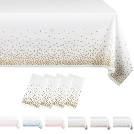 MORAINJAY 4Pcs White and Gold Dot Party Tablecloth,137x274cm Rectangle Table Cloth,Waterproof Plastic Confetti Table Cover for Outdoor Picnic,Wedding, Birthday,Christmas Table Decorations