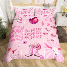 Pink Western Duvet Cover Set Queen Size,Leopard Print Bedding Set Kids Teens Adults Room Decor,Boots Hats Rustic Comforter Cover 3Pcs,American Tribal Cowgirls Cowboys Bedspreads Cover,2 Pillowcases