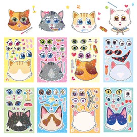 Dvobez 8 Sheets Holographic Make a Face Stickers for Kids, Make Your Own Stickers for Kids Crafts Party Favors Goodie Bags Stuffers Birthday Supplies - Cats
