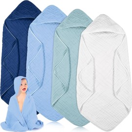 Peryiter 4 Pcs Muslin Hooded Baby Towels, 32x 32'' Cotton Newborn Bath Towel Muslin Infant Baby Blankets Absorbent Unisex Christmas Registry Gift Essentials for Girls Boys (Blue Series)
