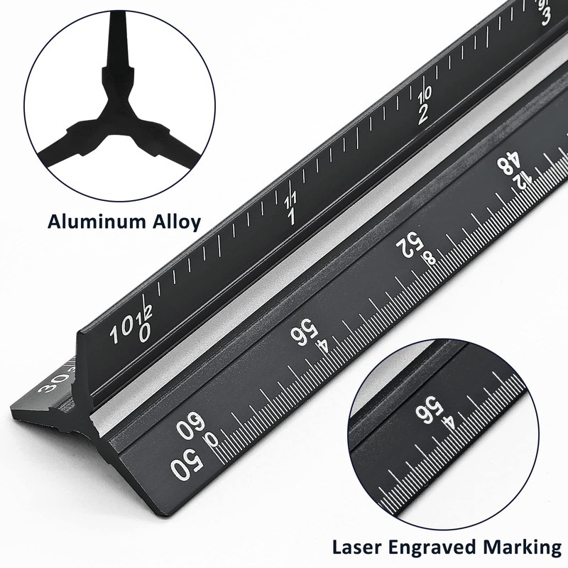 Kyuionty Engineer Scale Ruler 12 Inch, Solid Aluminum Laser-Etched Triangular