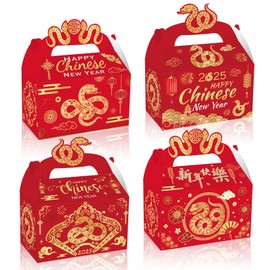 DPKOW 12pcs Red Chinese New Year Treat Gifts Boxes, Year of the Snake DIY Boxes for 2025 Chinese New Year Party Favor Boxes, Gable Goodie Candy Boxes for Chinese Spring Festival Present Supplies