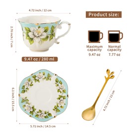 TATSUMI Country Roses Bone China Tea Cup and Saucer Set, 3 Pieces, Vintage Style, For Women and Tea Parties(Light Green, 1 set)