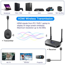 Wireless HDMI Transmitter and Receiver, Wireless HDMI Dongle Extender Adapter for HDMI Signals from Laptop, PC, Smartphone, Tablet to Display on HDTV, Monitor or Projector