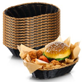 Yalikop 12 Pack Oval Poly Wicker Basket 9 x 6 x 2.6 Inch Woven Serving Basket Bin for Kitchen, Holiday Gifts, Centerpiece Display, Storing Bread, Snacks, Fruits, Vegetables, Black Gold