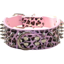 haoyueer Spiked Leather Dog Collar Bullet Rivets Studded 2 Inch Width Stylish Leather Dog Collars for Medium & Large Dogs Pitbull(Pink Leopard,L)