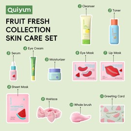 QUIYUM Obst Hautpflege Set, 14 teiliges Gesichtspflege Set für Damen mit Reiniger, Toner, Serum, Augencreme, Feuchtigkeitscreme, Gesichtsmaske, Gesichtsbürste und Stirnband