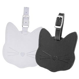2PCS Cat Luggage Tags - Leather Travel ID Labels - Cute Suitcase Identifier Tags with Adjustable Straps for Baggage (Black & White)