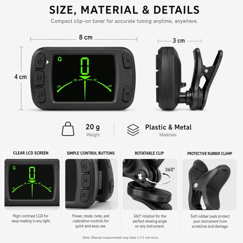 Clip-On Guitar Tuner Metronome for Music Practice – 3-in-1 LCD