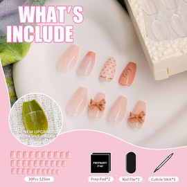 Square Press On Nails - Soft Gel Press On Nails Short with Nail Glue, 15 Sizes - 30 Reusable Fake Nails Kit Pink French with bow design