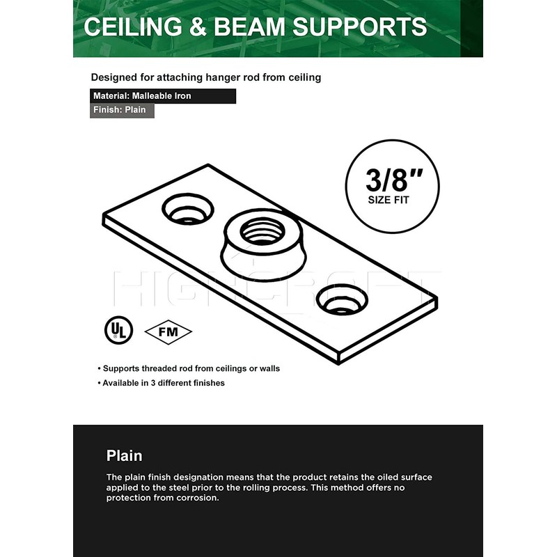 Highcraft PLTB38 Ceiling Flange; Hanger Plate for 3/8 in. Threaded