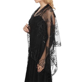 HUSSATOP Women Sequin Classic Floral Shawls and Wraps Fringe Sparkly Mesh Shawls for Evening Dresses Wedding Party