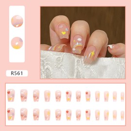 Medium Length Press On Rainbow Heart Acrylic Nails - 24 Pcs Kit for Women Girls, Glue On Nails with Full Coverage