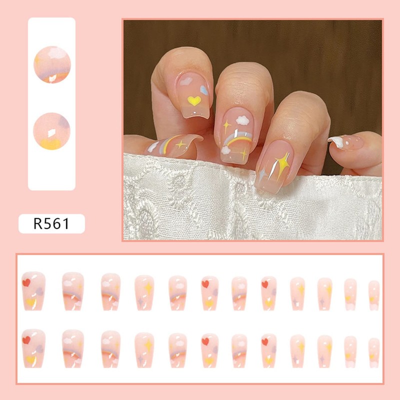 Medium Length Press On Rainbow Heart Acrylic Nails - 24