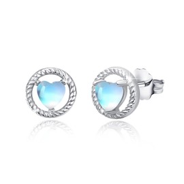 Heart Hemp Rope Moonstone Stud Earrings, Sterling Silver Hypoallergenic for Sensitive Ears Rainbow Earring Birthday Gifts for Women Girlfriend
