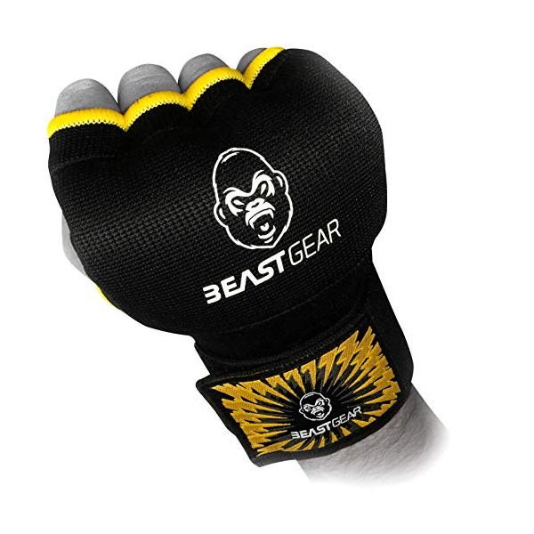 Beast Gear Advanced Inner Boxing Gloves Gel Mitts for Combat Sports, MMA and Martial Arts (Black Yellow/Medium)