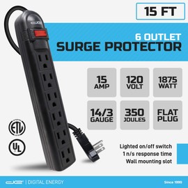 Digital Energy 6-Outlet Surge Protector Power Strip with 15 Foot Long Extension Cord, Black, Flat Plug, ETL Listed/UL Standard