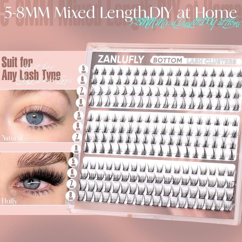 ZANLUFLY Natural Lower Eyelashes DIY Cluster Extensions - Wispy Bottom