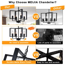 MEIJIA Plug in Chandelier, 4 Light Black Geometric Hanging Lights with Plug in Cord 15FT & Switch, Plug in Hanging Light for Dining Room Living Room Kitchen Bedroom, Outdoor Chandelier for Gazebo
