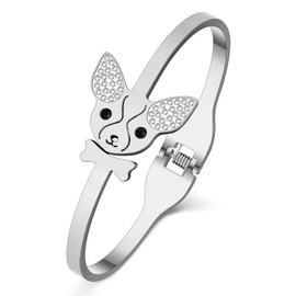 SHIGIE Stainless Steel 18K Gold Silver Plated Rhinestone Cute Tie Chihuahua Dog Bracelets Cuff Bangle Pets Animals Gifts For Women Puppy Lovers (Silver)