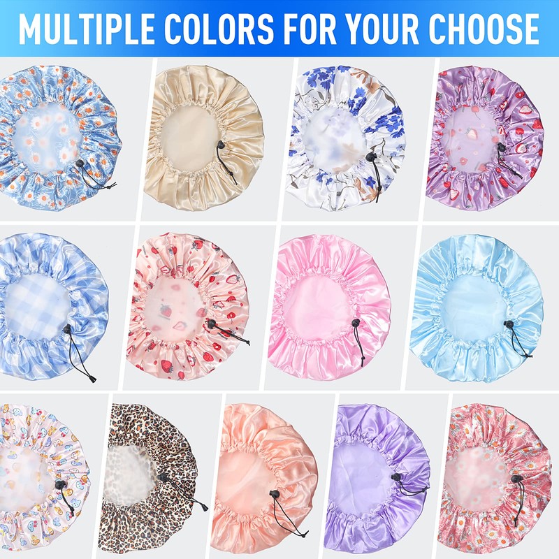 Shower Caps for Women Reusable Waterproof, Adjustable Double Layer Shower