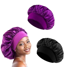2 Stücke Schlafhaube Seide zum Nacht Haarhaube für die Nacht für Damen,Verstellbare Satin Haarhaube mit Elastik band(schwarz& lila)