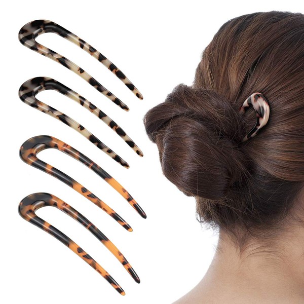 [4 Pack] Benefree French Style Cellulose Acetate Tortoise Shell U Shaped Hair Pin Fork 2 Prong Updo Chignon Pin for Women Girls Hairstyle Accessories（Tortoiseshell and White Tortoiseshell)
