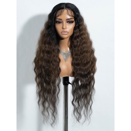 Joedir Lace Front Wig Long Wavy Wigs for Women 30 Inches Deep Part Cury Wave Wig Natural Looking Synthetic Heat Resistant Fiber Wig for Daily Party Use Brown