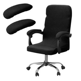 SUNJOYCO Computer Office Chair Cover Set, Universal Stretch Rotating Desk Chair Cover Slipcovers, Water Resistant Boss Chair Covers with Armrest Covers, Black Washable Chair Seat Covers, L